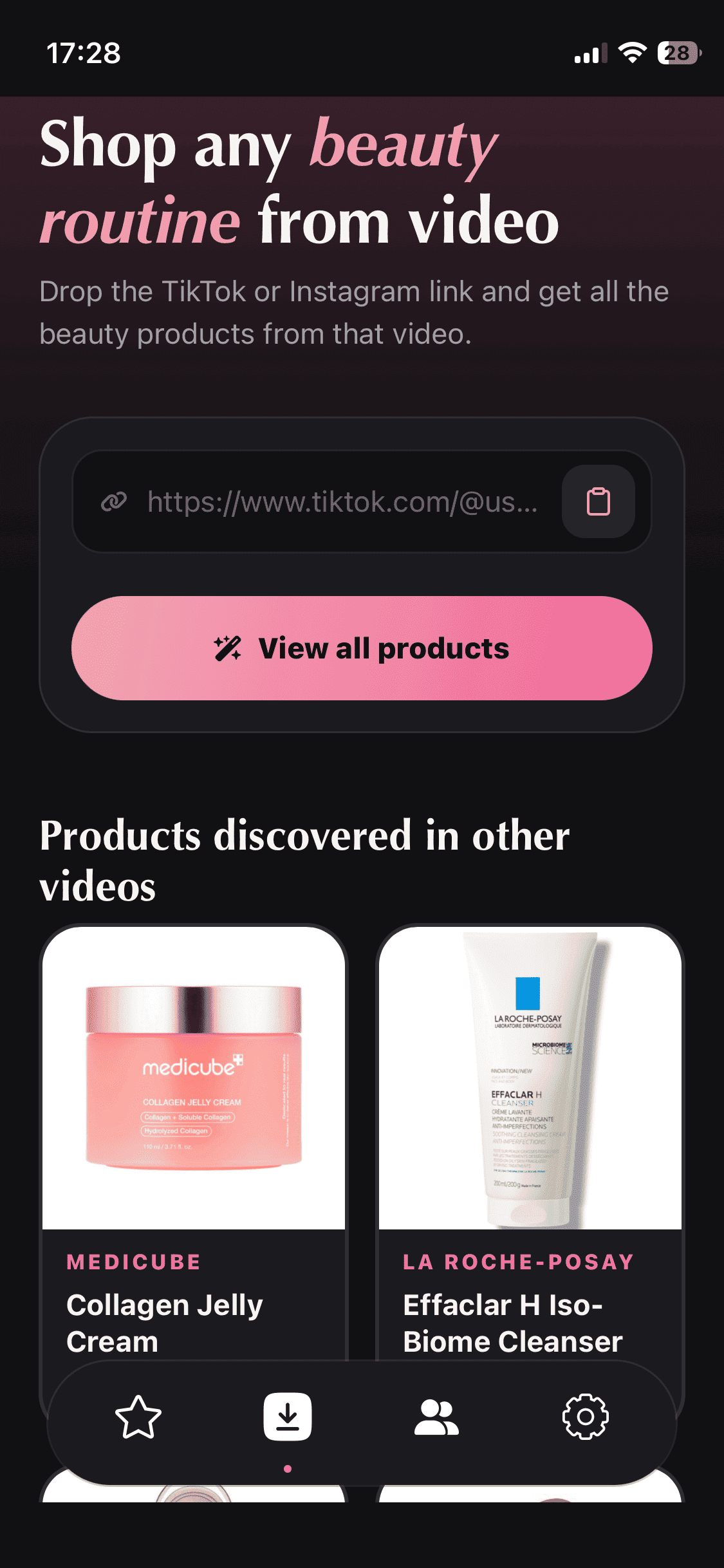 SaveAI app home screen with a box to paste a TikTok or Instagram link