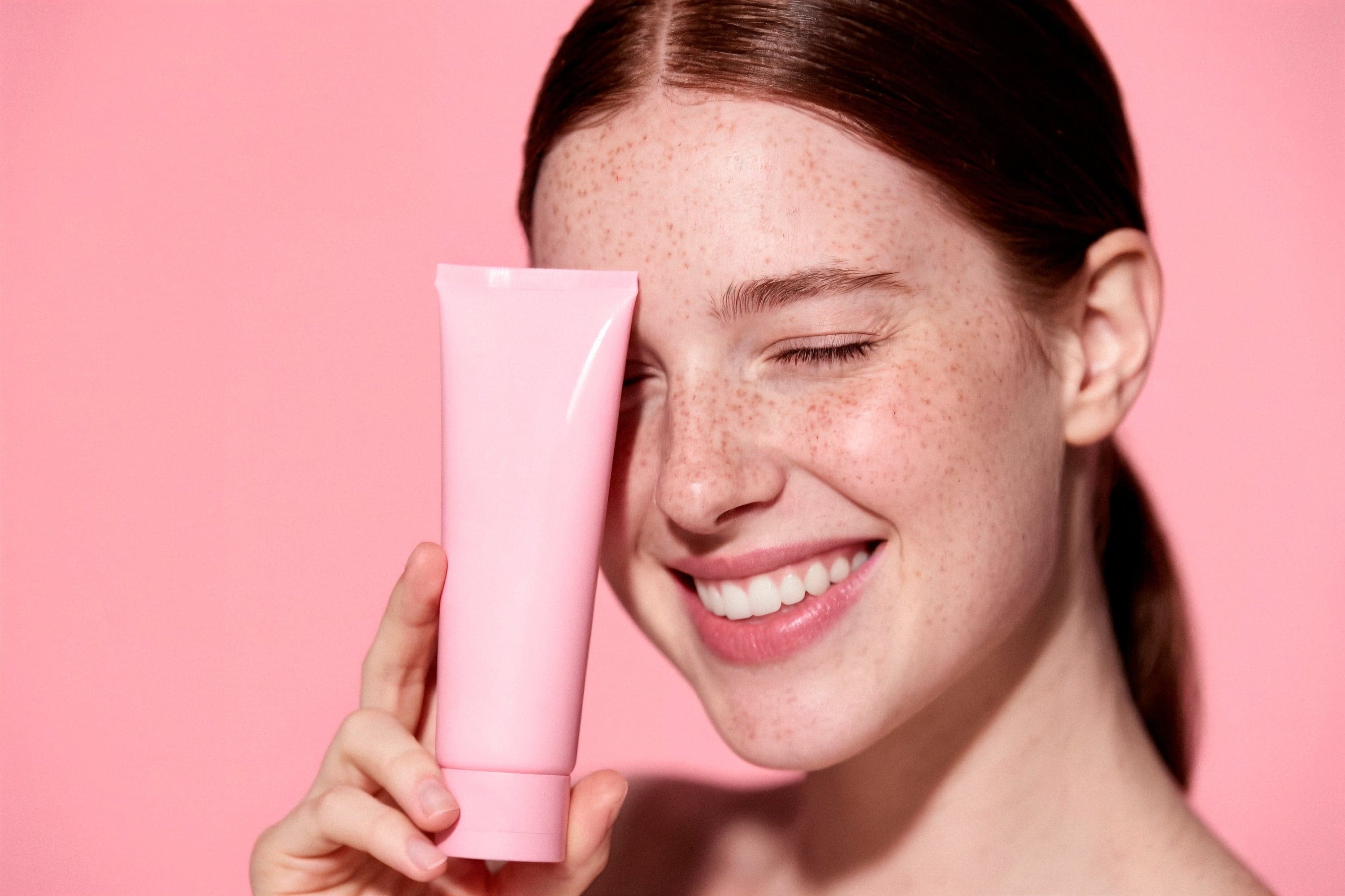 Woman in a bath towel applying moisturizer at a bathroom mirror while holding a jar of cream