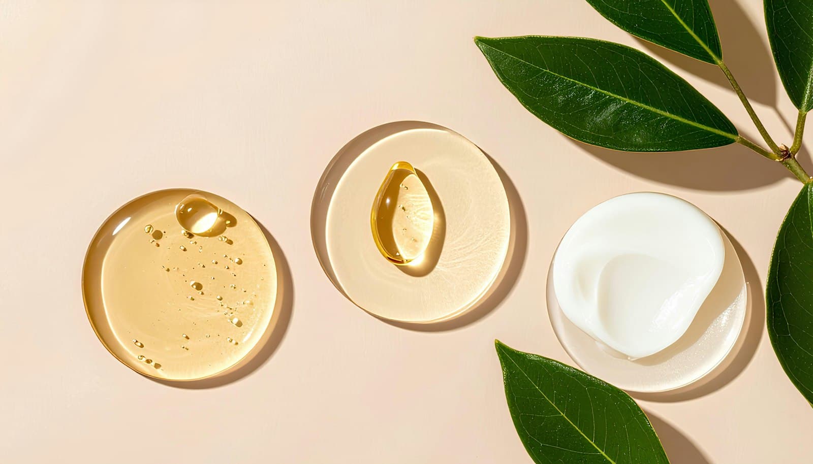 Swatches of golden oil, clear gel and thick white cream in glass dishes beside green leaves