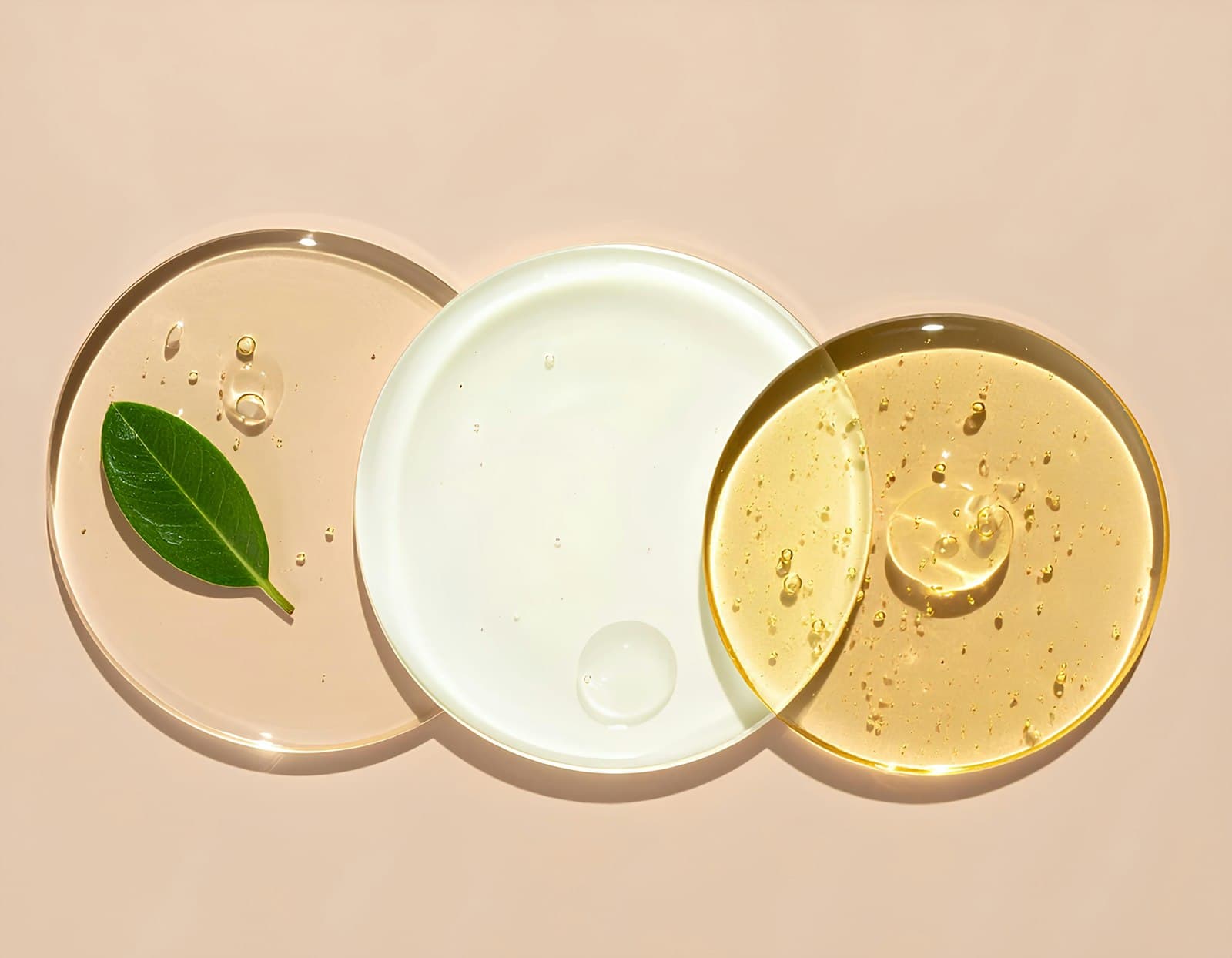 Three skincare textures in clear dishes: a clear gel with a leaf, a milky lotion and a golden serum