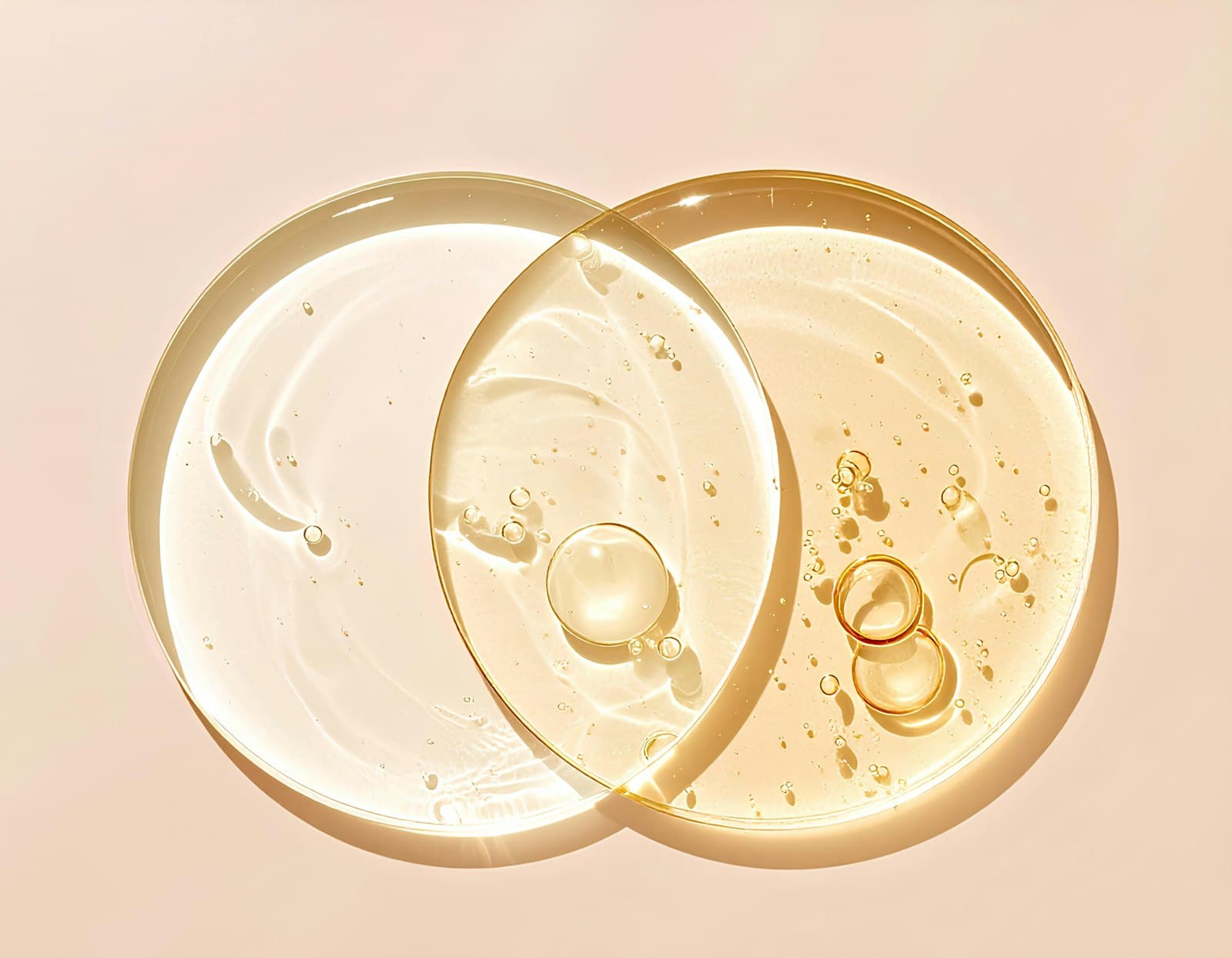 Two overlapping swatches of clear and golden serum on a soft peach background