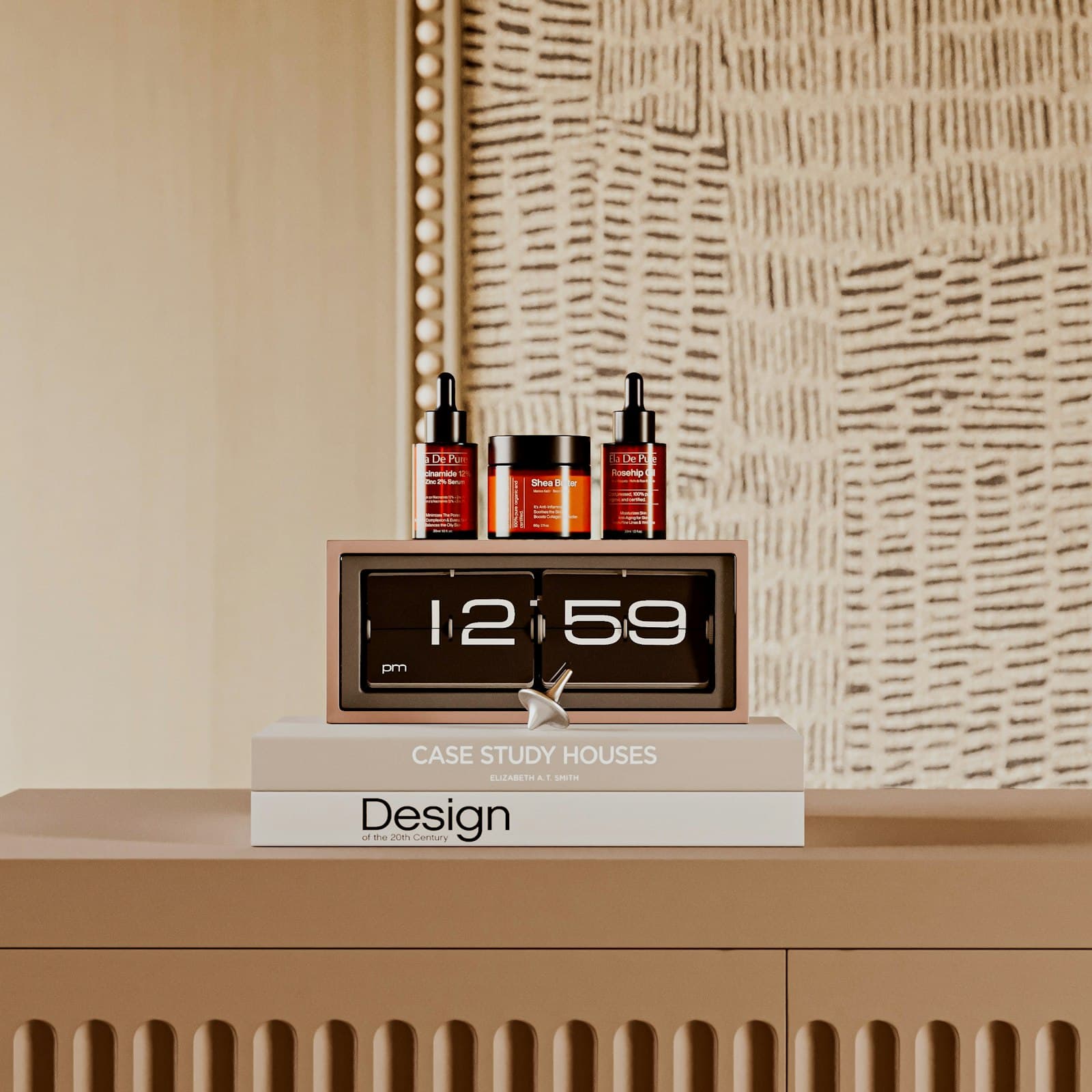 Three skincare bottles sitting on top of a retro flip clock on a wooden cabinet