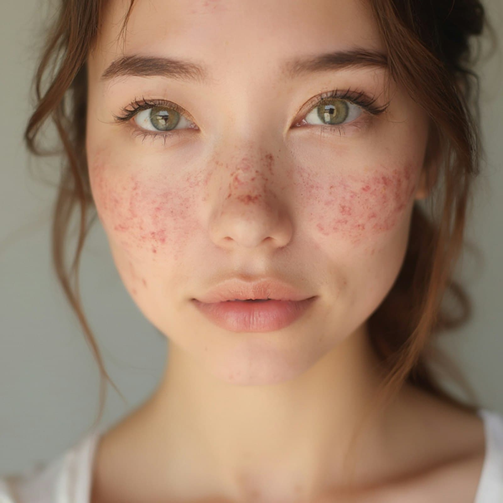 Young woman with patches of redness and freckles across her cheeks and nose