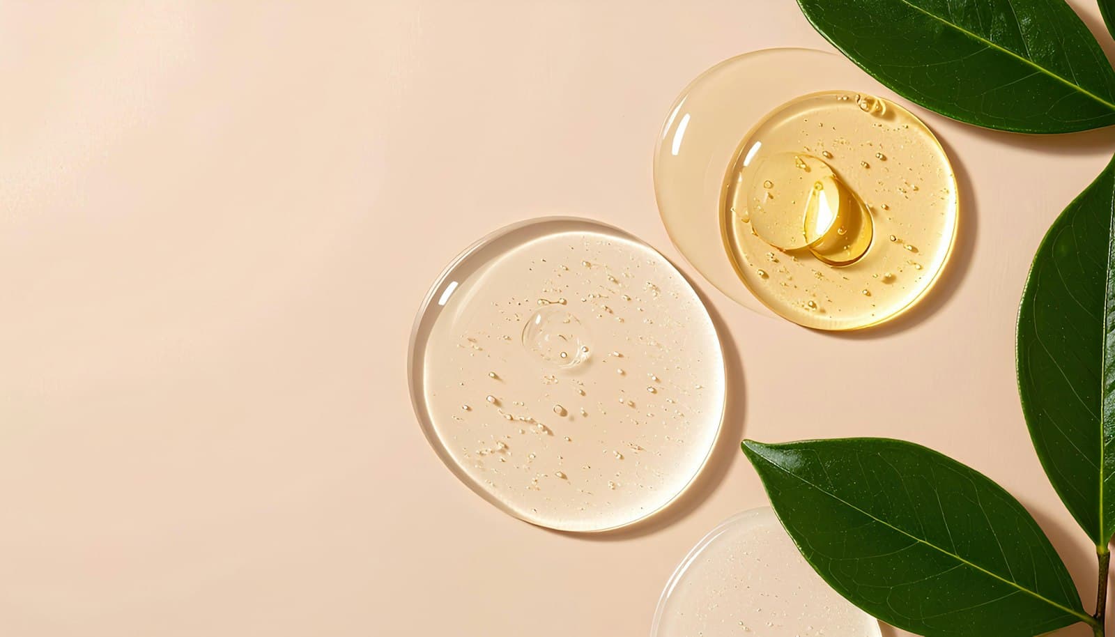 Clear and golden serum swatches in glass dishes on a peach background beside green leaves